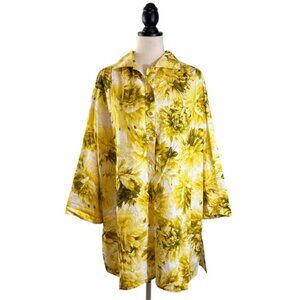 Giambattista Valli Yellow Floral Tunic Top Long Sleeve Half Button, Size 44 (M)